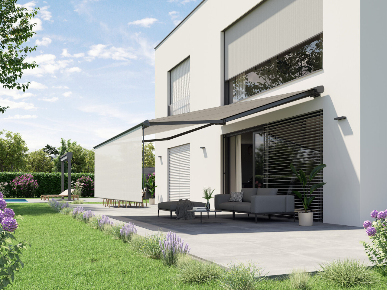 Terrasse moderne avec auvent et mobilier